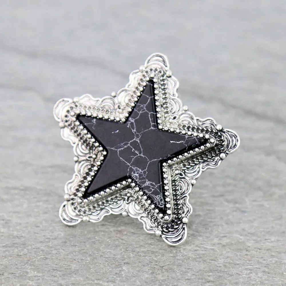 Turquoise White Black STAR Natural Stone Western Boho Style Stretch Ring Silver